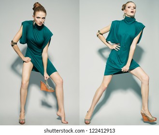 Collage of emotional portraits of a gorgeous fashion model posing in green (blue) dress over gray background. studio shot