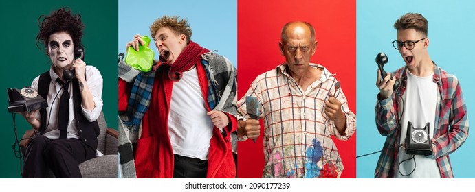 Collage Of Emotive People Expressing Anger Isolated Over Multicoloed Background. Portraits Of Artistic Woman In Movie Charater Costume, Sick Boy, Senior Painter And Student Boy. Concept Of Lifestyle