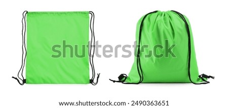 Collage of empty and filled green drawstring bag isolated on white