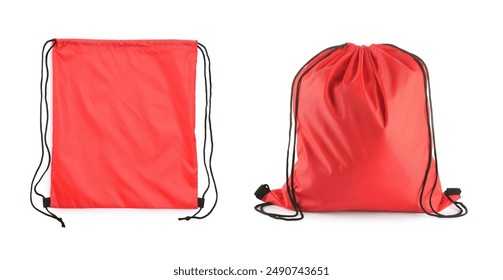 Collage of empty and filled red drawstring bag isolated on white