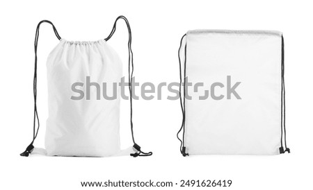 Collage of empty and filled white drawstring bag isolated on white