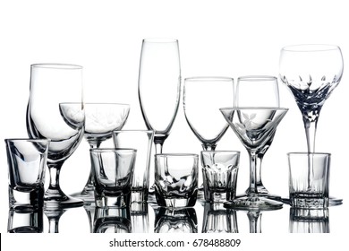 Collage Of Empty Glasses On White Background.