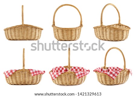 Collage of empty wicker picnic baskets with red checkered tablecloths. Shot from different angles. Isolated.