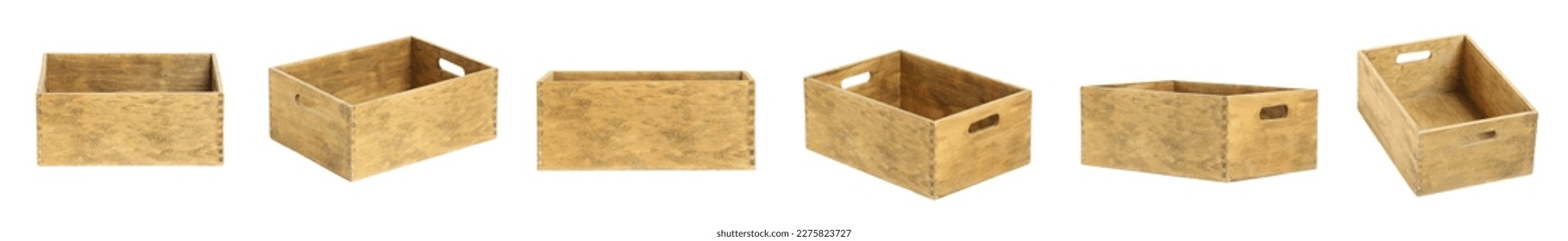 Collage of empty wooden box for tools or something else on white background, different sides