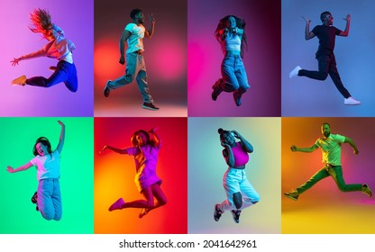 Collage of an ethnically diverse young people joyfuly jumping isolated over multicolored background. Youth culture. Concept of emotions, facial expression, feelings, fashion, beauty.