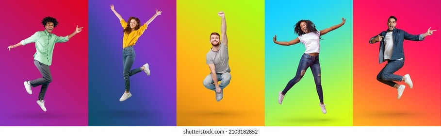 Collage with excited millennial diverse men and women jumping and shouting, having fun on bright neon studio backgrounds, banner design. Multiracial people going crazy, flying in air