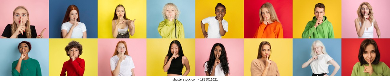 Collage of faces of 16 emotional people on multicolored backgrounds. Expressive models, multiethnic group. Human emotions, facial expression concept. Secretly holding fingers on lips. Sales, ad. - Shutterstock ID 1923011621