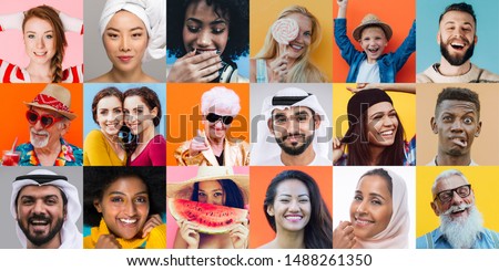 collage with faces and people from all the world. composition with different ethnicities on colored backgrounds