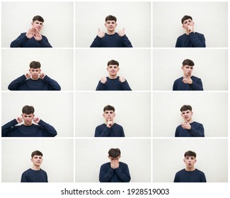 Collage Of Faces, Set Of Emotions Of Different Young Man Portrait