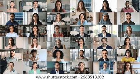 Collage of faces shown in multiple grids, group of men and women representing diversity, inclusion, global connectivity. Collaboration across cultures and industries. Professionalism, communication