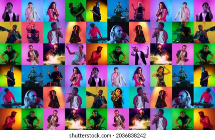 Collage of faces of surprised musicians on multicolored backgrounds. Happy men and women smiling. Human emotions, facial expression concept. Different human facial expressions, emotions, feelings - Shutterstock ID 2036838242