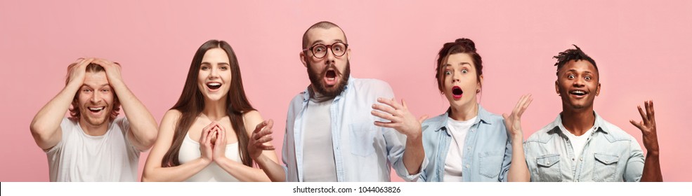 The collage of faces of surprised people on colored backgrounds. Happy men and women smiling. Human emotions, facial expression concept. collage of different human facial expressions, emotions - Shutterstock ID 1044063826