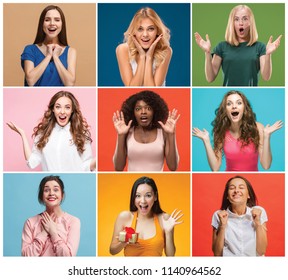 The collage of faces of surprised people on colored backgrounds. Happy women smiling. Human emotions, facial expression concept. collage of different human facial expressions, emotions, feelings
