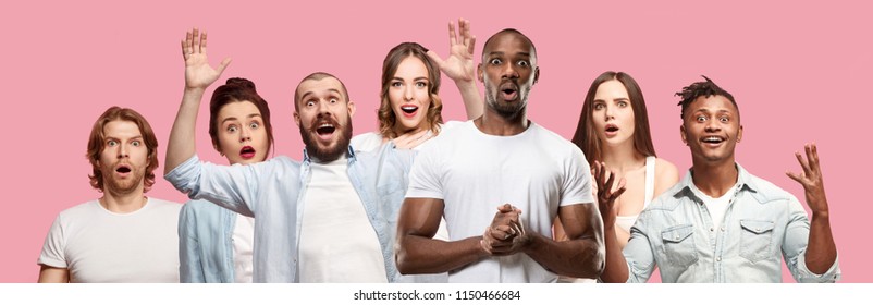 The collage of faces of surprised people on pink backgrounds. Human emotions, facial expression concept. collage of men and woman