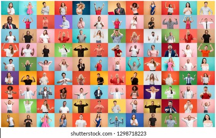 The Collage Of Faces Of Surprised People On Colored Backgrounds. Happy Men And Women Smiling. Human Emotions, Facial Expression Concept. Collage Of Different Human Facial Expressions, Emotions