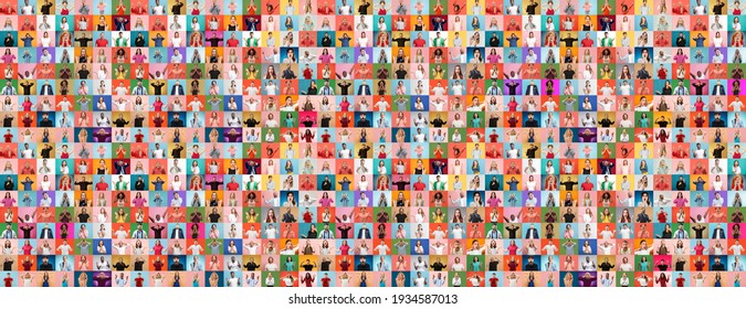 Collage of faces of surprised people on multicolored backgrounds. Happy men and women smiling. Human emotions, facial expression concept. Different human facial expressions, emotions, feelings. - Shutterstock ID 1934587013