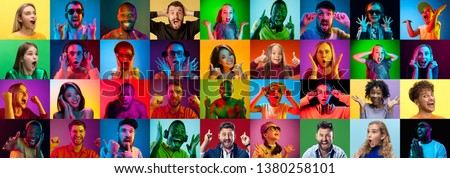 The collage of faces of surprised people on colored backgrounds. Happy men and women smiling. Human emotions, facial expression concept. Different human facial expressions, emotions, feelings
