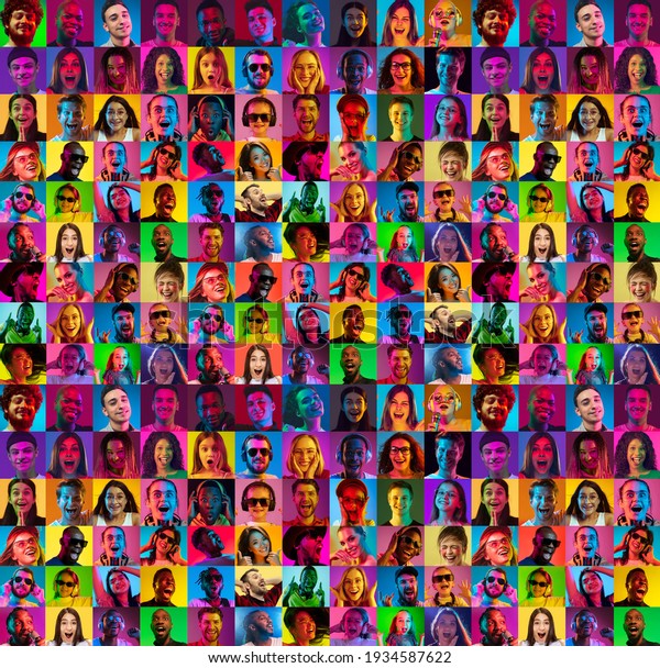Collage of faces of surprised people on multicolored\
backgrounds. Happy men and women smiling. Human emotions, facial\
expression concept. Different human facial expressions, emotions,\
feelings. Neon