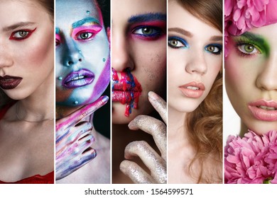 Collage Faces Women Fashion Creative Makeup Stock Photo 1564599571 ...