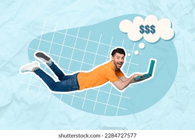 Collage of falling carefree guy hold laptop minded genius finance idea it specialist generate idea make more money isolated on blue plaid background