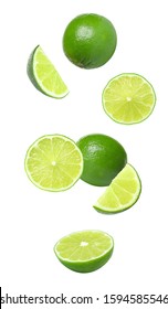 Collage Of Falling Limes On White Background