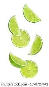 Collage of falling limes on white background - Shutterstock ID 1598727442