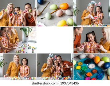 A Collage Of Family Easter Photo Session. Mother, Father And Small Daughter Sit At Home On The White Kitchen And Having Fun.