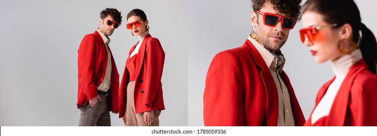 collage of fashionable couple in red blazers and sunglasses posing isolated on grey, horizontal image