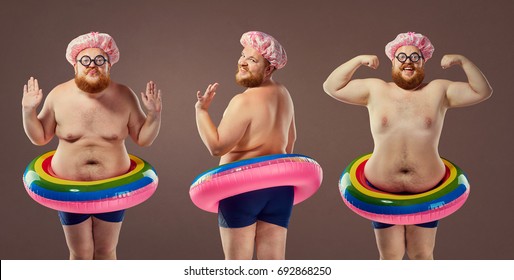 Collage fat funny man in a swimsuit with an inflatable circle.