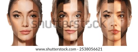 Collage featuring three faces made with portraits of various people of different ethnic backgrounds. Concept of social equality, human rights, freedom, diversity, acceptance. Banner