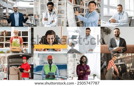 A collage featuring various professionals working in different industries. They are all smiling and appear to be confident and happy in their respective roles.
