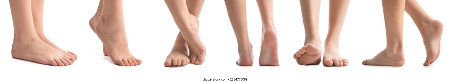 Collage of female bare feet on white background