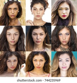 Collage Of Female Faces Of One Model In Different Years