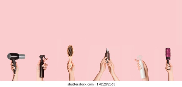 Collage With Female Hands Holding Different Hair Care Products And Equipment Over Pink Background, Copy Space. Panorama