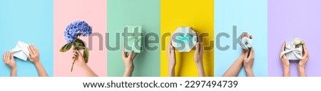 Collage with female hands holding flowers and gifts on color background