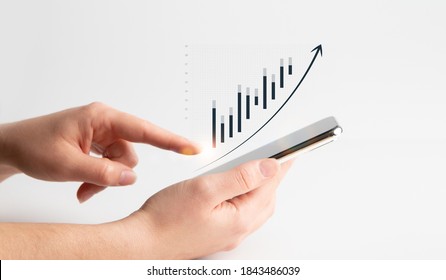 Collage Of Female Hands Holding Smartphone And Financial Chart Graph With Rising Arrow, Businesswoman Checking Company Economic Growth And Business Statistics, Creative Design, Side View, Panorama