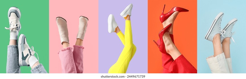 Collage of female legs in stylish high heels and sports shoes on color background