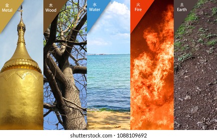 Collage of FengShui 5 Elements : metal, wood, water, fire, earth