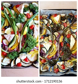 Collage Of Feta Cheese And Raw And Oven Roasted Vegetables Mix Placed On A Baking Sheet.  Veggies That Are Tender Inside And Caramelized On The Outside. Toss The Vegetables With Olive Oil And Season.