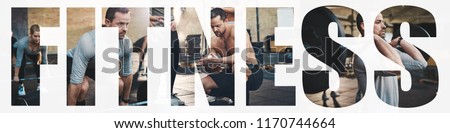 Collage of a fit man in sportswear lifting weights during a training session at the gym with an overlay of the word fitness