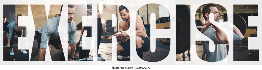 Collage of a fit young man focused on lifting weights during a training session at the gym with an overlay of the word exercise - Powered by Shutterstock