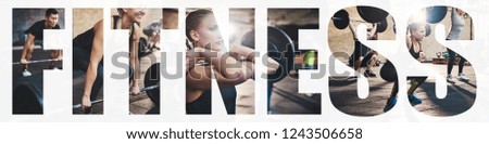 Collage of a fit young woman focused on lifting weights during a training session at the gym with an overlay of the word fitness