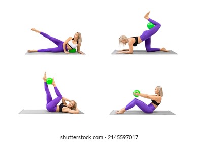 Collage of fitness exercises with small ball. Adult athletic caucasian woman practice floor gymnastics, 4 drills, isolated on white. 