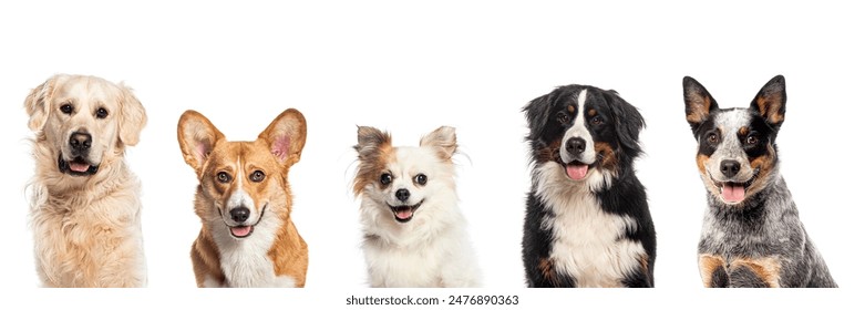 Collage of Five different dogs breeds and size looking happy at the camera and panting on a white background - Powered by Shutterstock