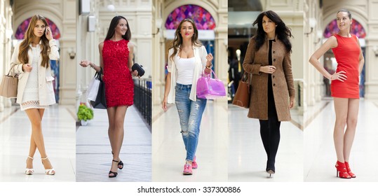 Collage Five Fashion Young Women In Shop