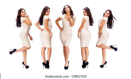 Collage five sexy woman. Young arabic models in beige dress, isolated on white background
