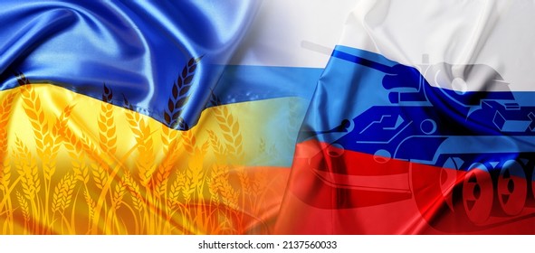 Collage With Flags Of Ukraine, Russia, Drawn Tank And Wheat Spikelets. Stop The War