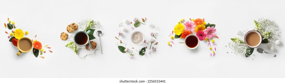 Collage of flat lay compositions with cups of drinks and flowers on light background - Powered by Shutterstock