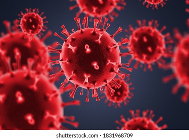 Collage Of Flu COVID-19 Virus Cells In Blood Under The Microscope.