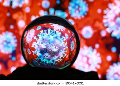 Collage Of Flu COVID-19 Virus Cells In Blood Under The Microscope. Virus Cells Or Bacterias Under Microscope. Germs Microbe Microorganism Close-up. Macro Photography.
